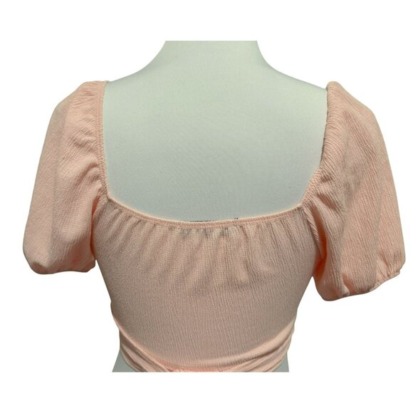 Saints Pink Cropped Top Sz M Twisted Front Midriff Wrap Tie Puffed Sleeves Girly - Picture 5 of 6